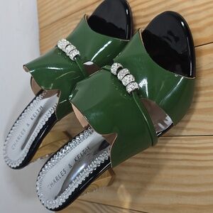 Charles & Keith Green Patent Leather Rhinestone Slip On Heel Shoes Size 6.5